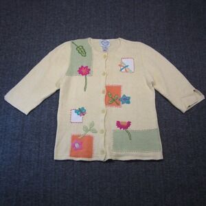 Stitches In Time Cardigan M Butter Yellow Embroidered Spring Grandma Teacher 90s